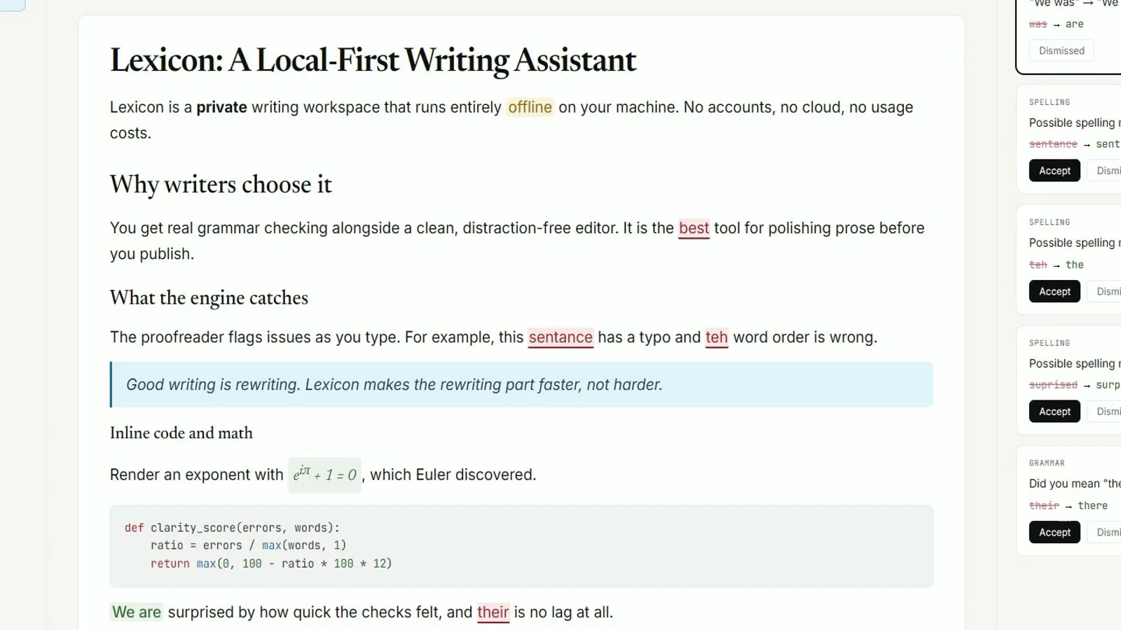 Lexicon rich-text editor pane used for local grammar check drafts on Windows.