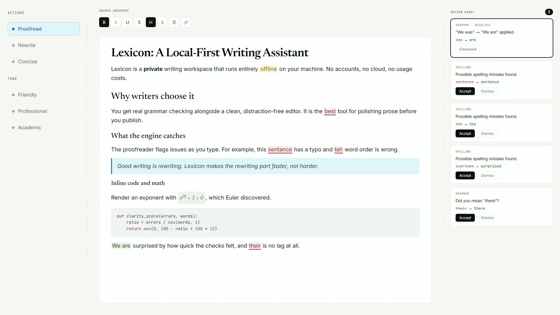 Lexicon desktop grammar check window showing the local writing workspace on a desk install.
