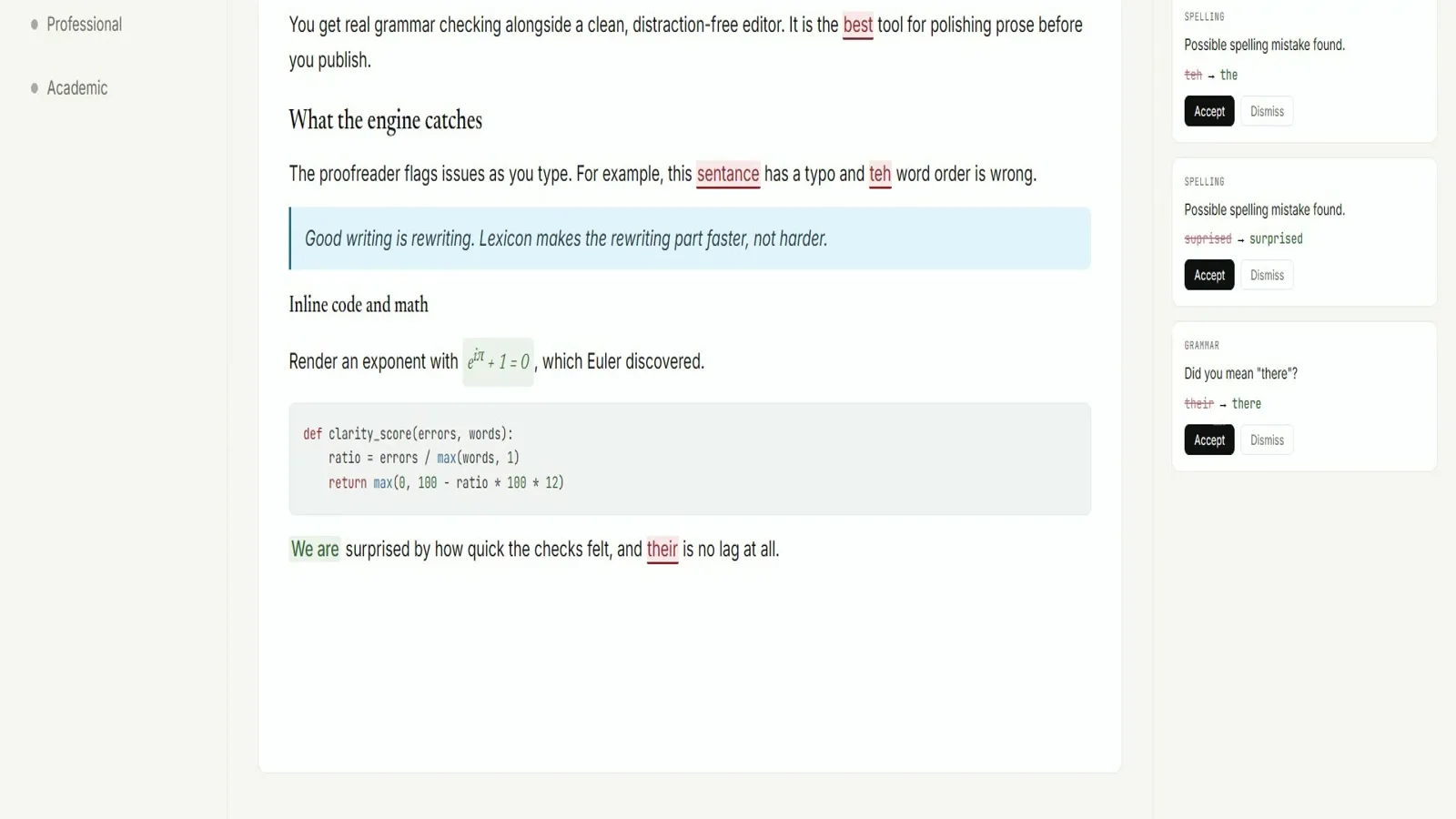 Lexicon review suggestions area for grammar check squiggles and cards on a local install.